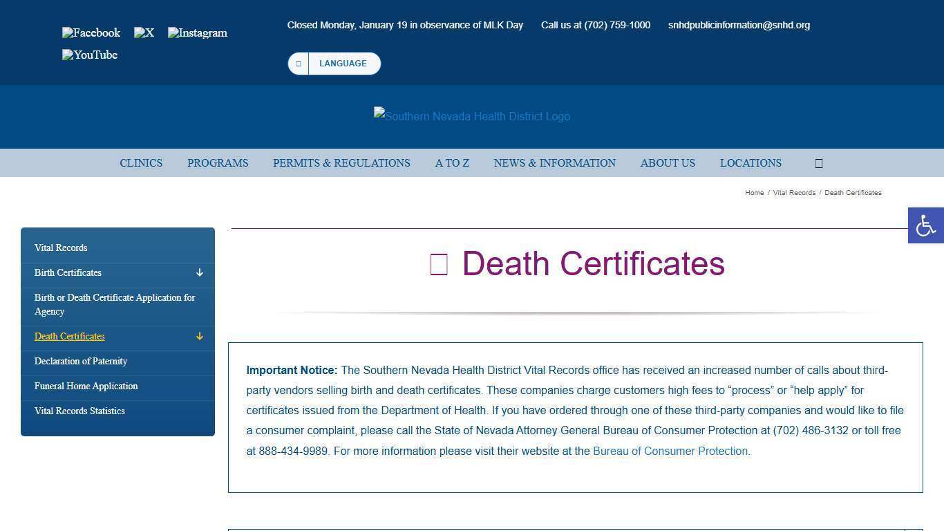 Death Certificates – Southern Nevada Health District