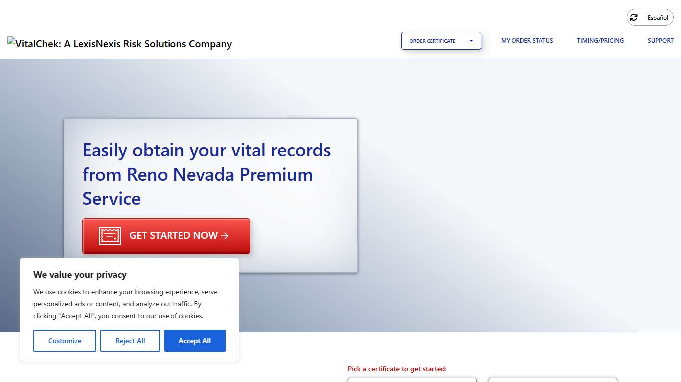 Reno Nevada Premium Service (NV) | Order Certificates - VitalChek